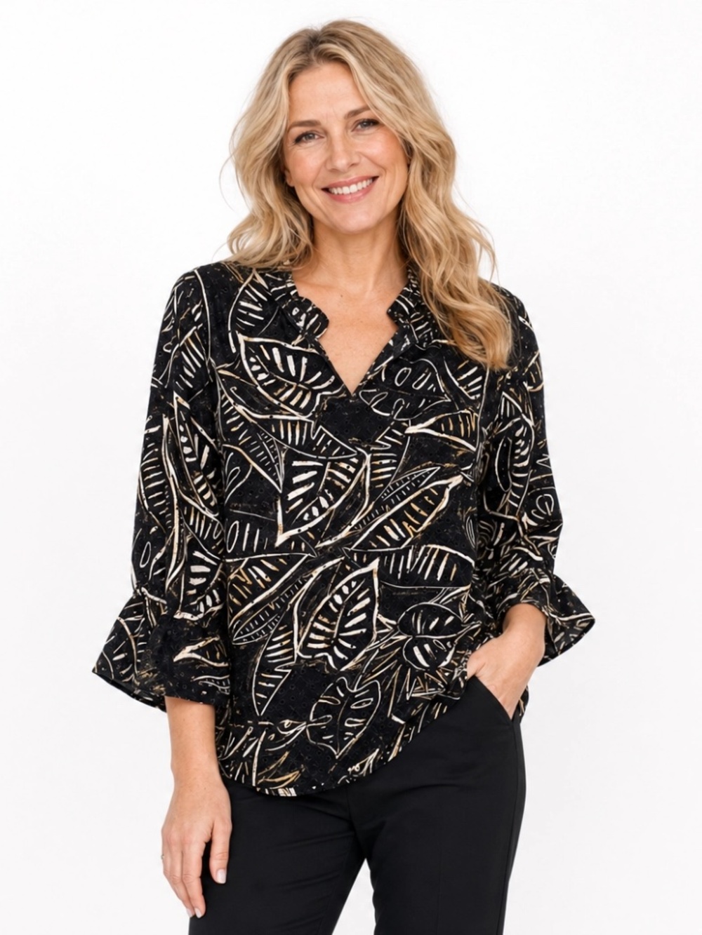 Antthony Originals Black Ivory Tropical Leaf Eyelet Blouse NWT Size L